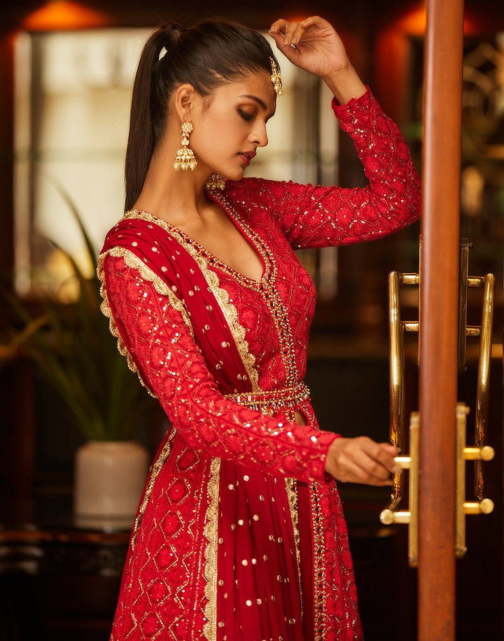 Embroidered Resham Jaal With Cutdana Georgette Lehenga With Jacket And Dupatta