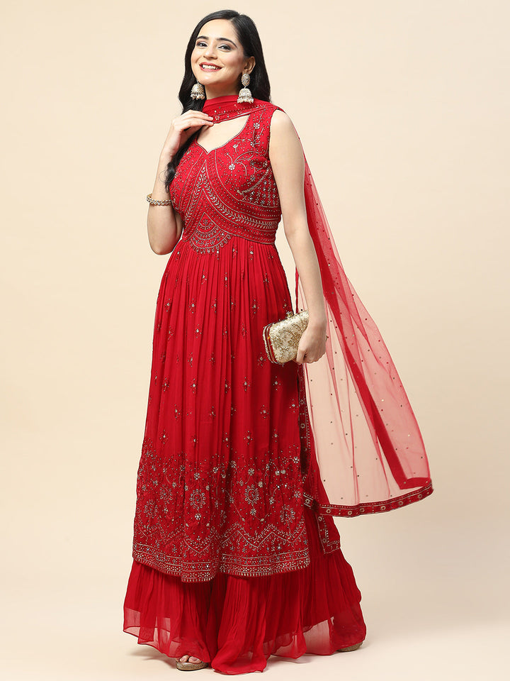 Resham Booti Embroidered Georgette Kurta With Palazzo &amp; Dupatta