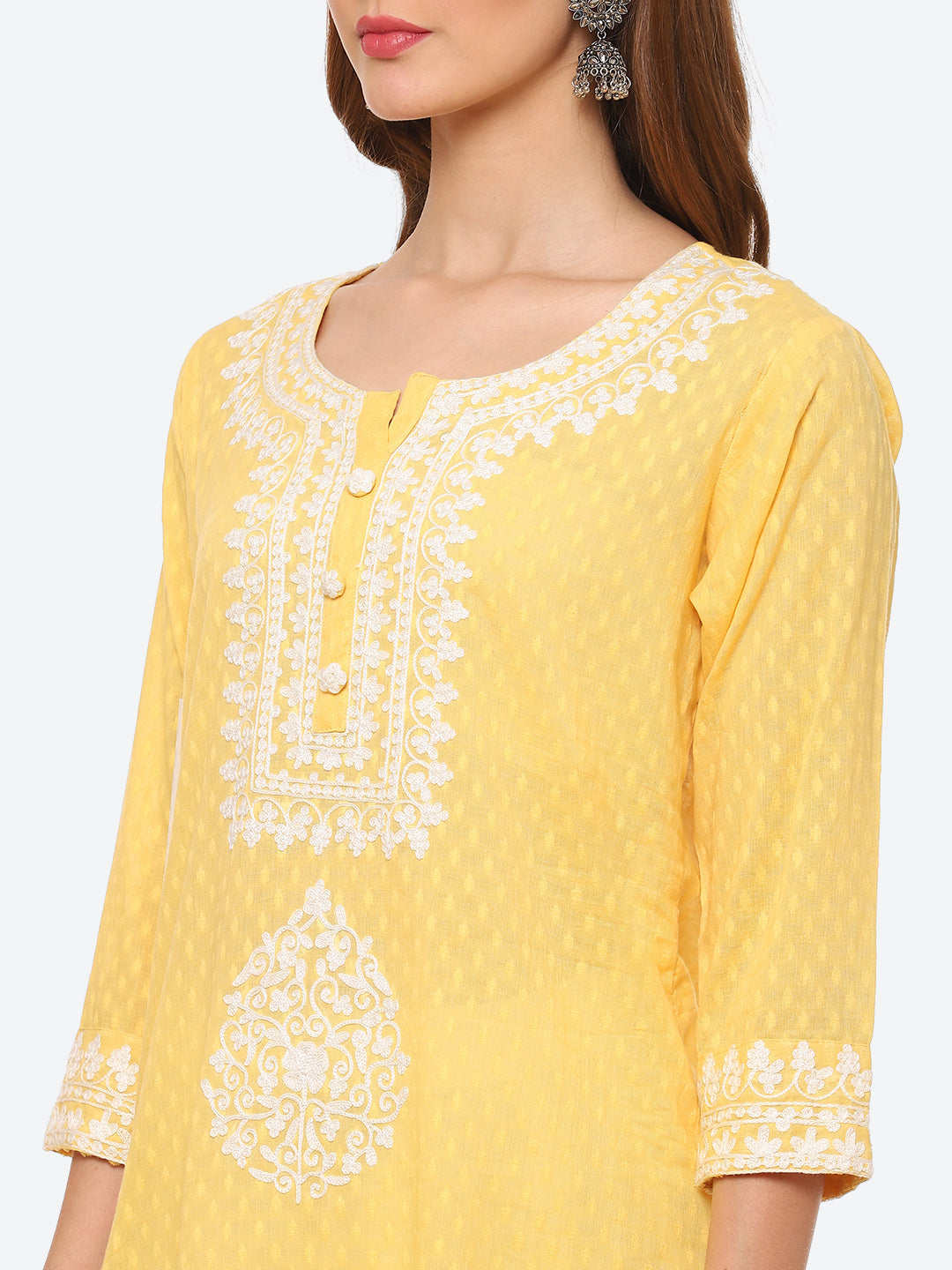 Resham Neck Embroidered Cotton Kurta With Sharara &amp; Dupatta