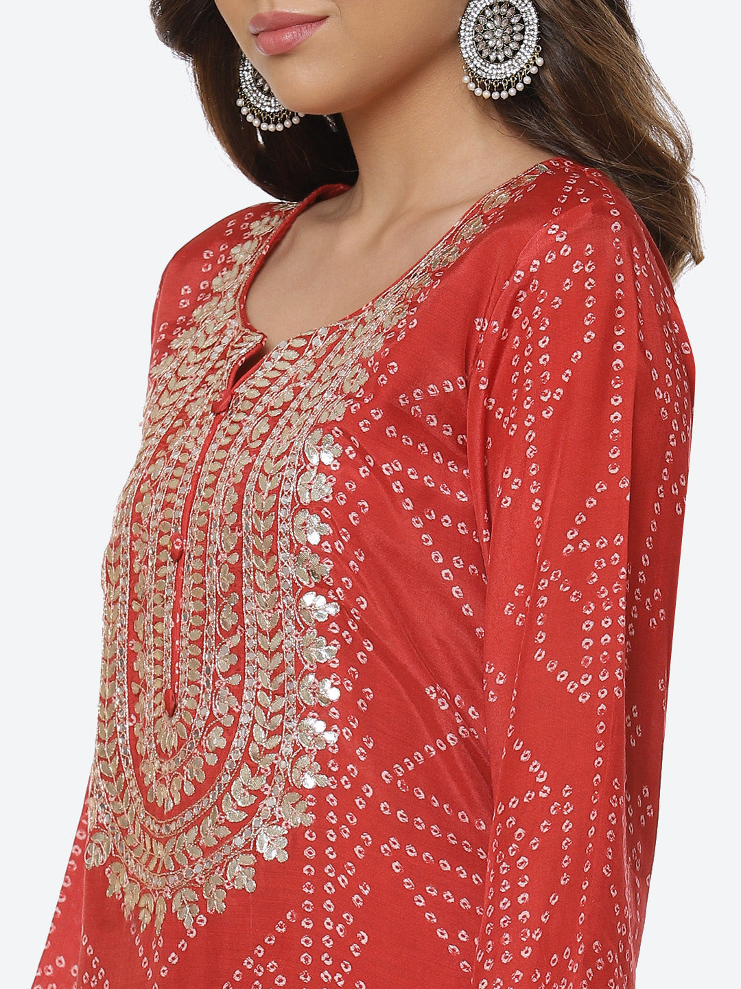 Printed Gota Neck Cotton Kurta With Palazzo &amp; Dupatta