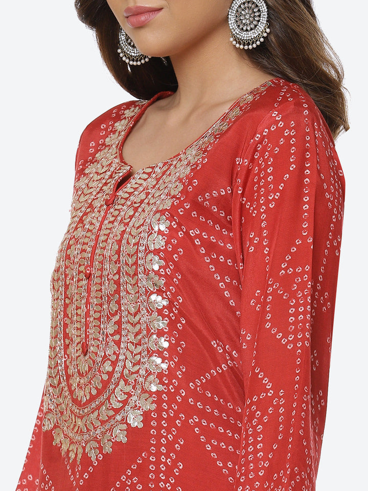 Printed Gota Neck Cotton Kurta With Palazzo &amp; Dupatta