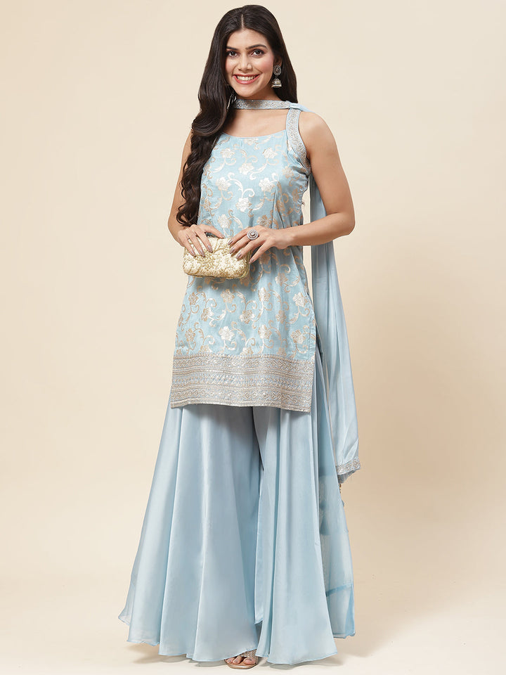 Floral Woven Georgette Kurta With Sharara &amp; Dupatta
