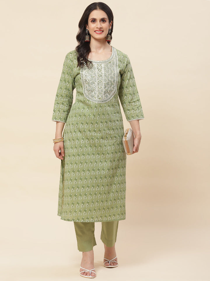 Printed  &amp; Neck Embroidered Cotton Kurta With Pants
