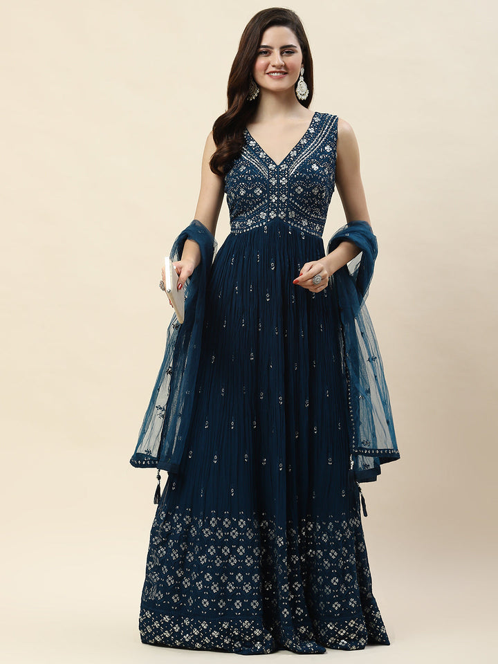 Sequin Embroidery Georgette Kurta With Palazzo &amp; Dupatta