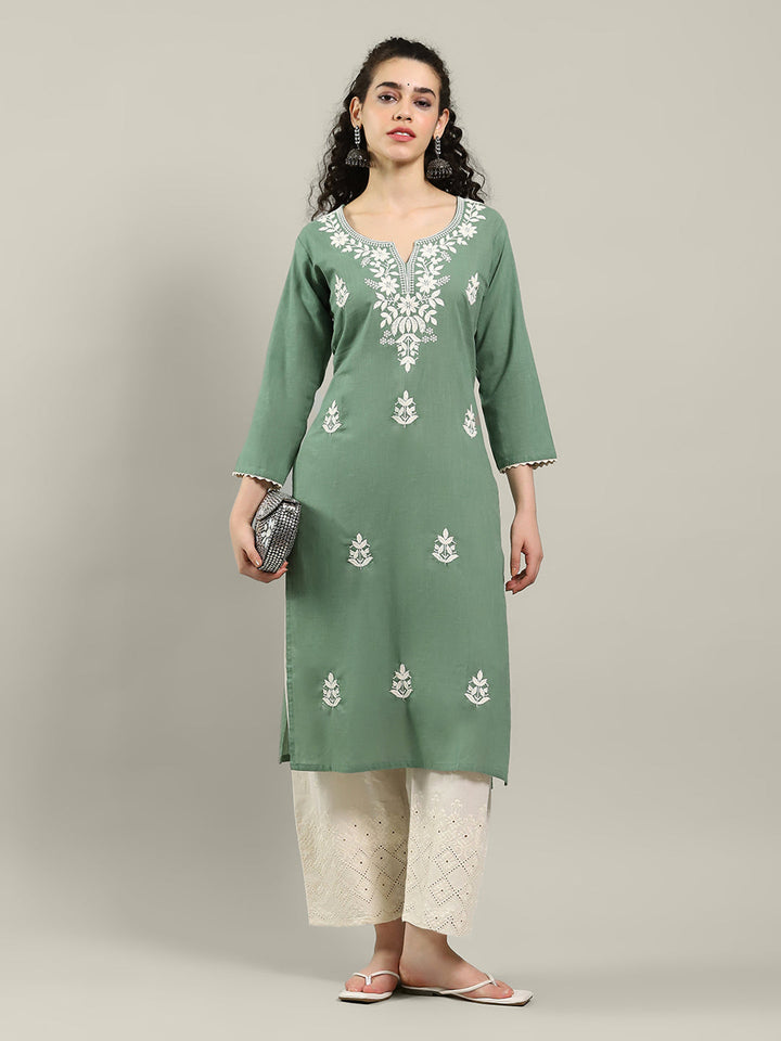Neck Embroidered Cotton Blend Kurta With Pants