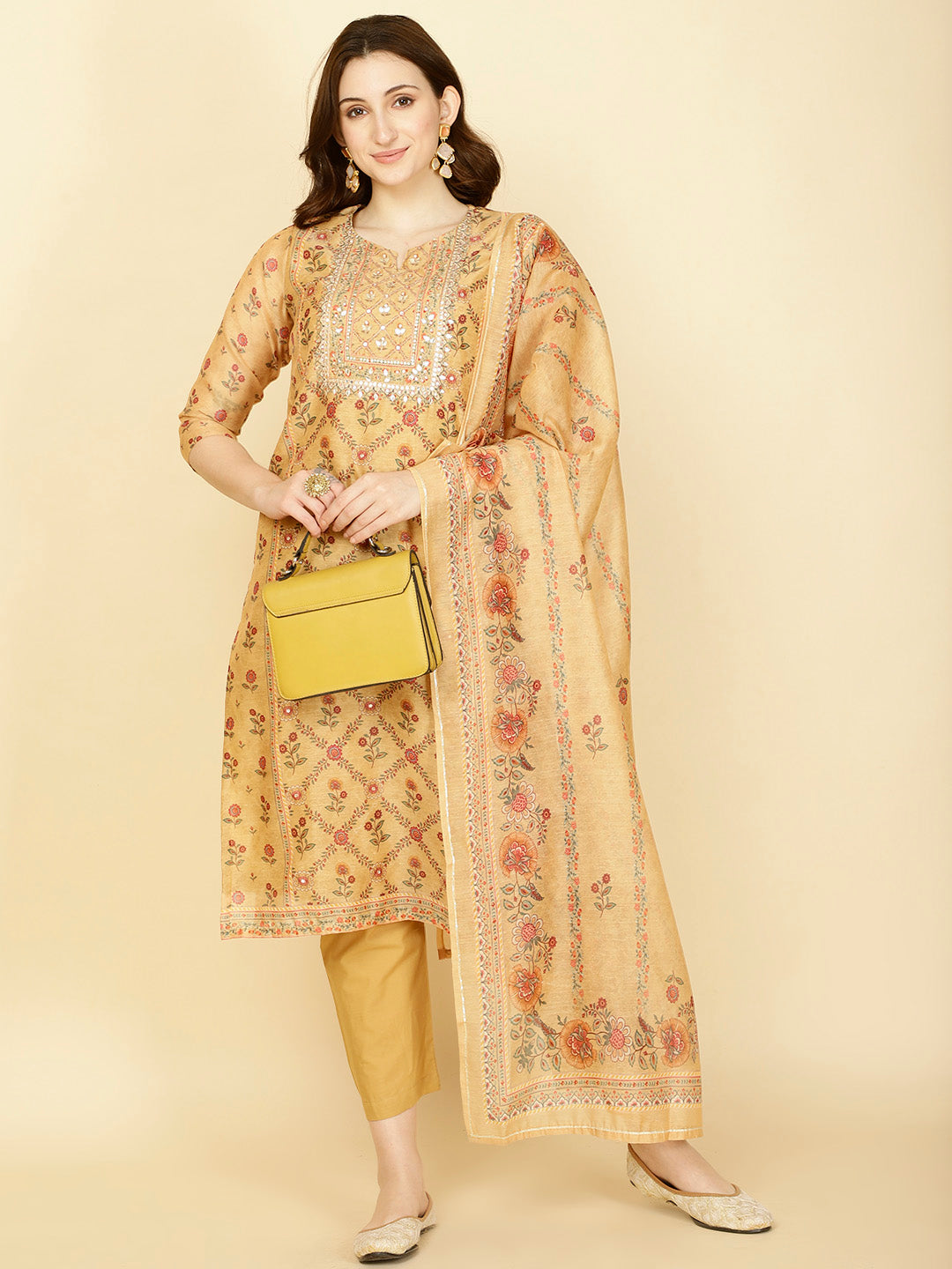 Floral Printed Chanderi Kurta With Pants &amp; Dupatta