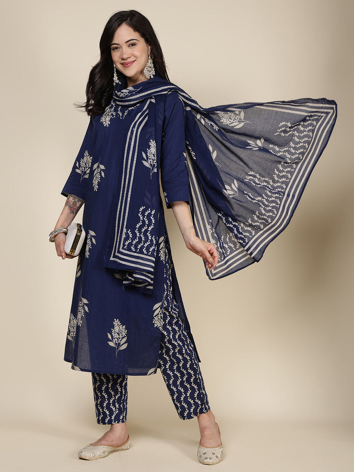 Printed Cotton Blend Kurta With Pants &amp; Dupatta
