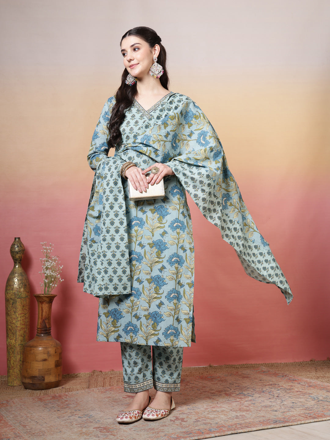 Printed Cotton Kurta With Pant &amp; Dupatta