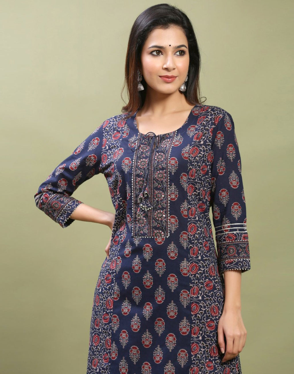 Navy Blue Cotton Printed Kurti Pant Set