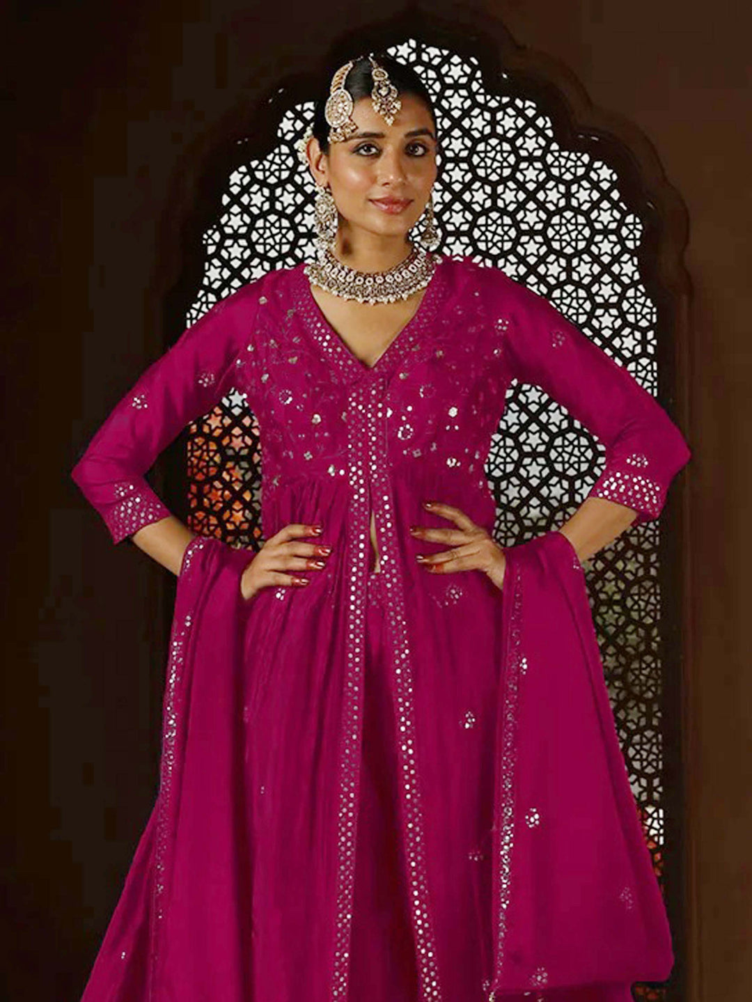 Intricate Embroidery Chinon Suit With Pant &amp; Dupatta
