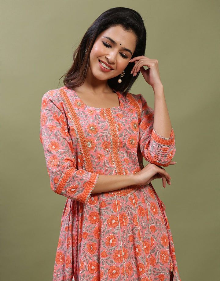 Printed Cotton Anarkali Gota Trim Kurti