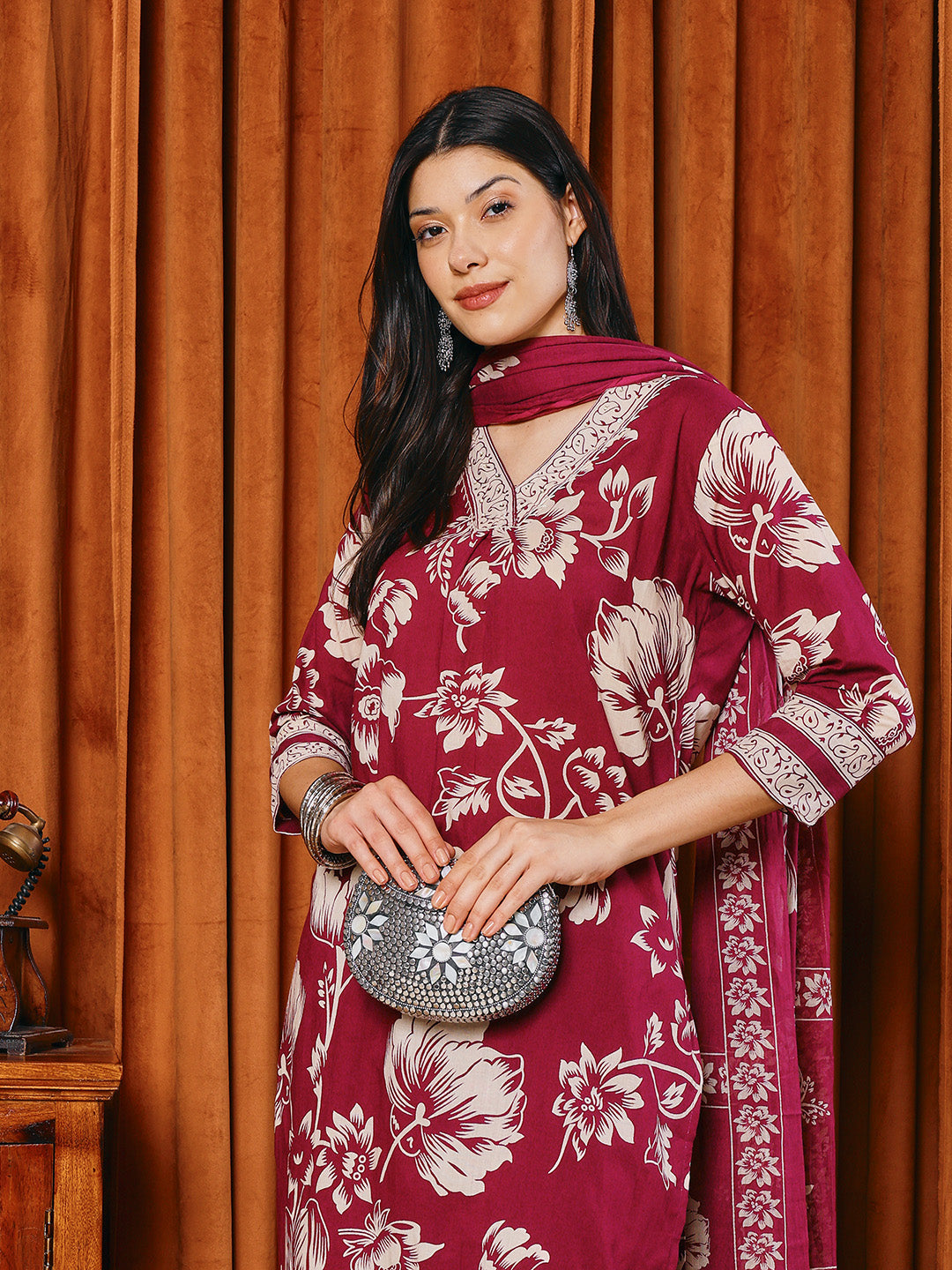 Printed Cotton Blend Kurta With Pants &amp; Dupatta