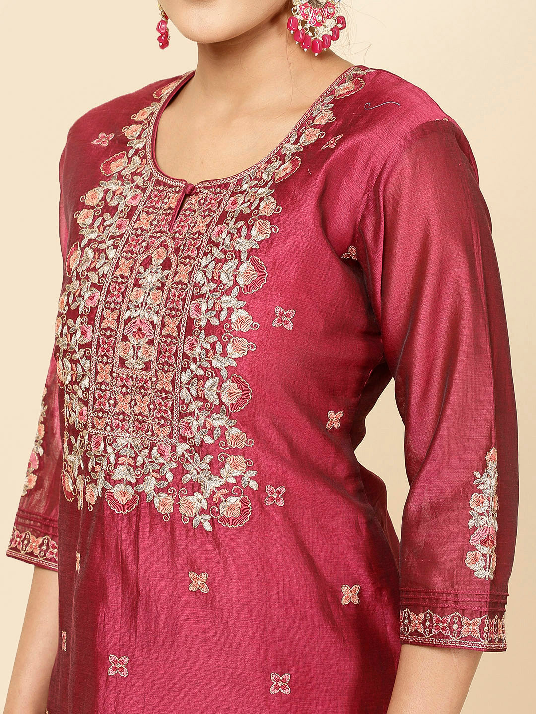 Neck Embroidered Chanderi Kurta With Pants &amp; Dupatta