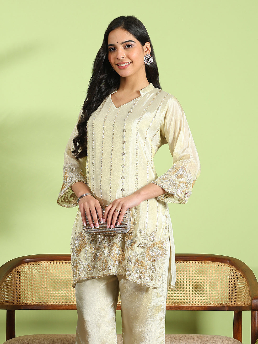 Embroidered Chinon Kurta With Pant