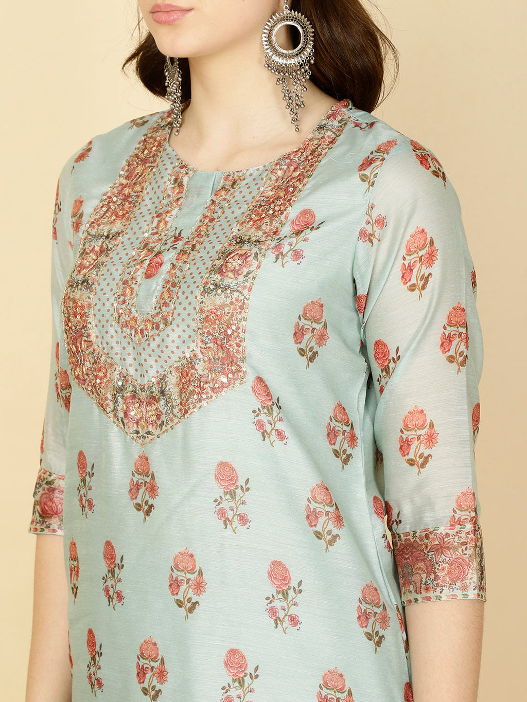 Floral Printed Chanderi Kurta With Pants & Dupatta