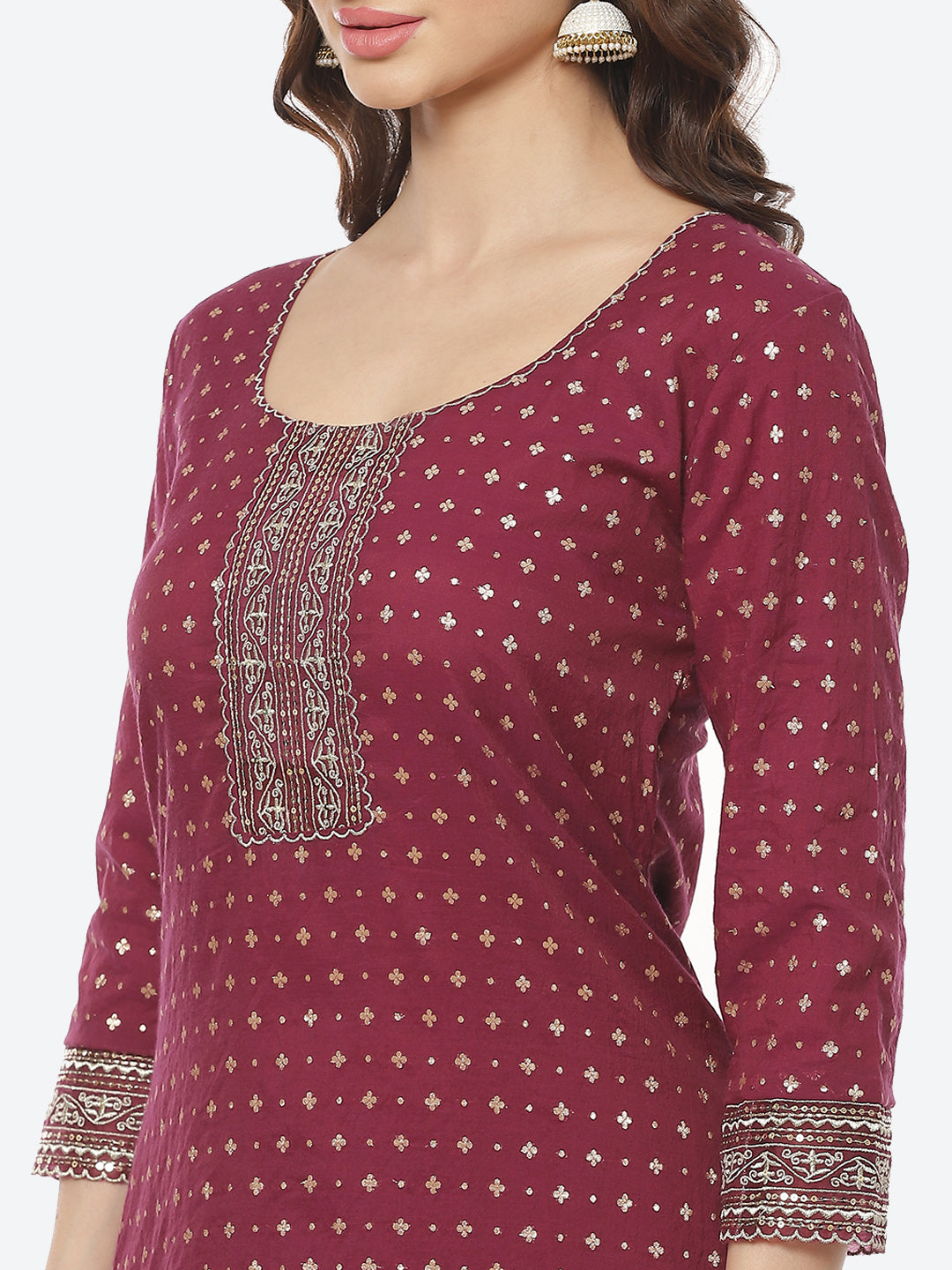 Sequence Neck Zari Embroidered Cotton Kurti With Pant
