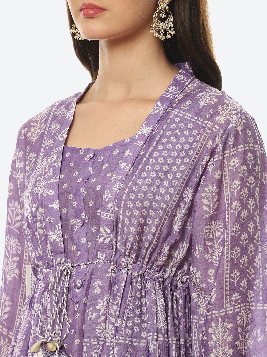 Floral Printed Muslin Kurti With Pant &amp; Jacket
