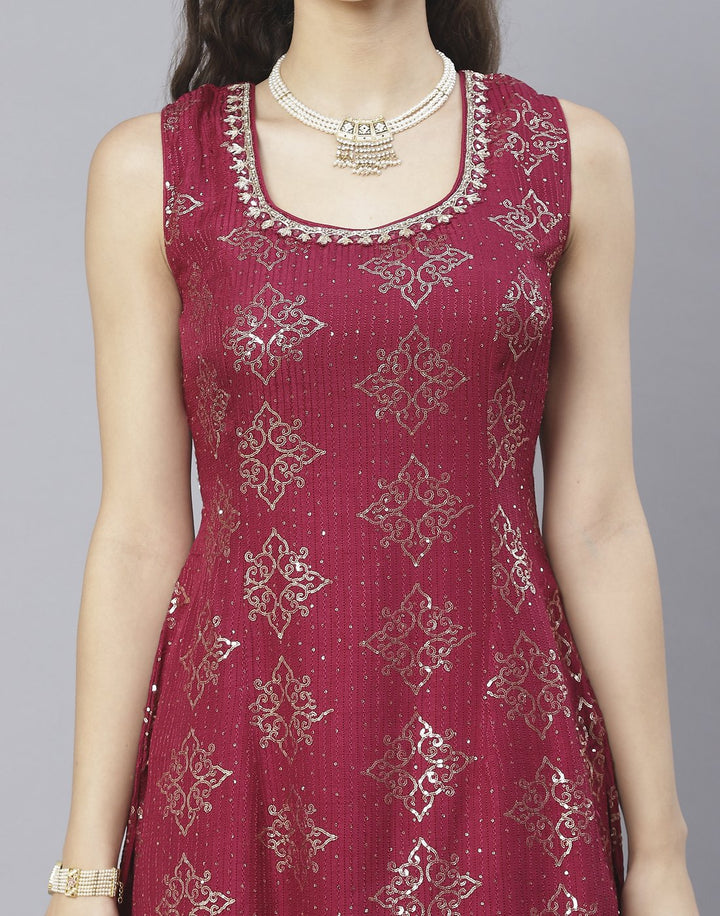 Bottle Green and Wine Art Crepe Salwar Kameez
