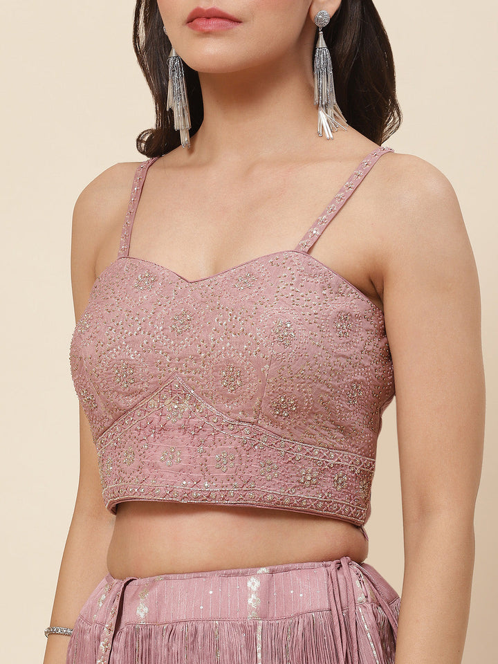 Sequin Embroidered Georgette Choli With Lehenga &amp; Dupatta