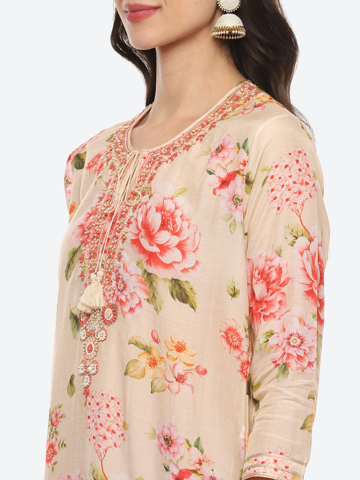 Sequin Work Yoke Printed Muslin Kurta