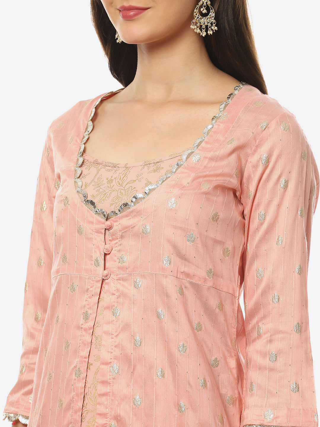 Printed Chanderi Kurta With Skirt &amp; Jacket
