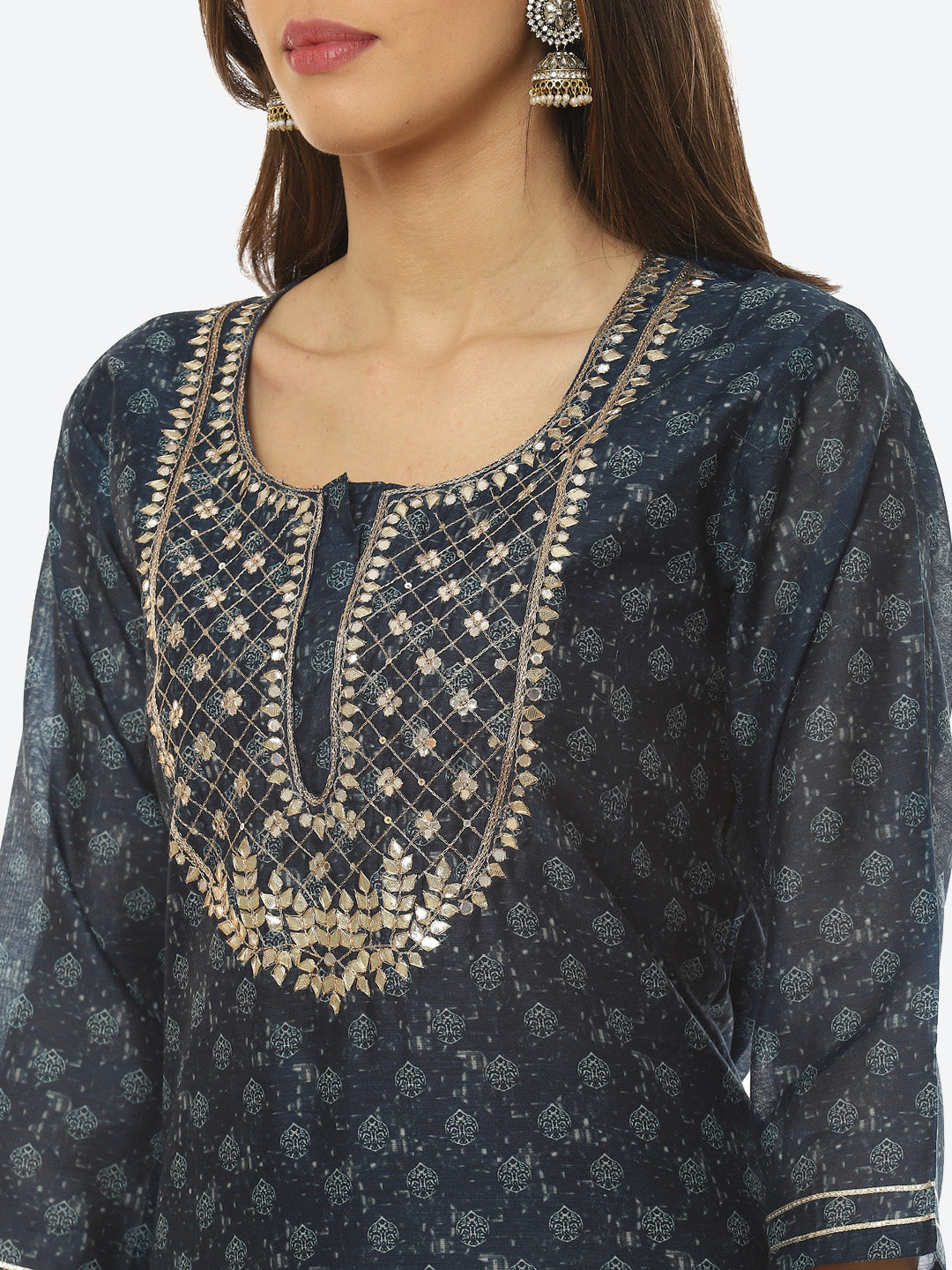 Gota Neck Printed Chanderi Kurta With Pant