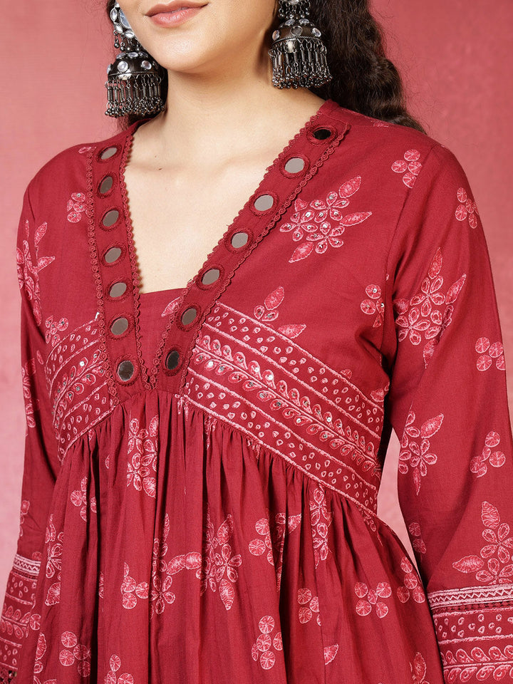 Maroon Cotton Blend Printed Anarkali Suit Set