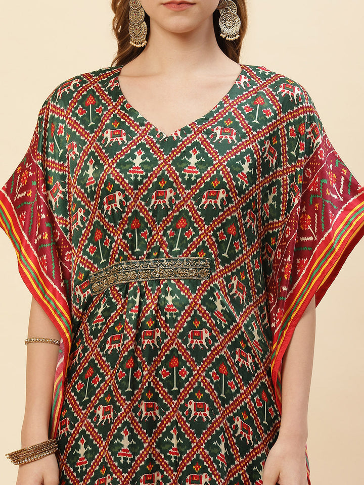 Printed Satin Green Colored Kaftan
