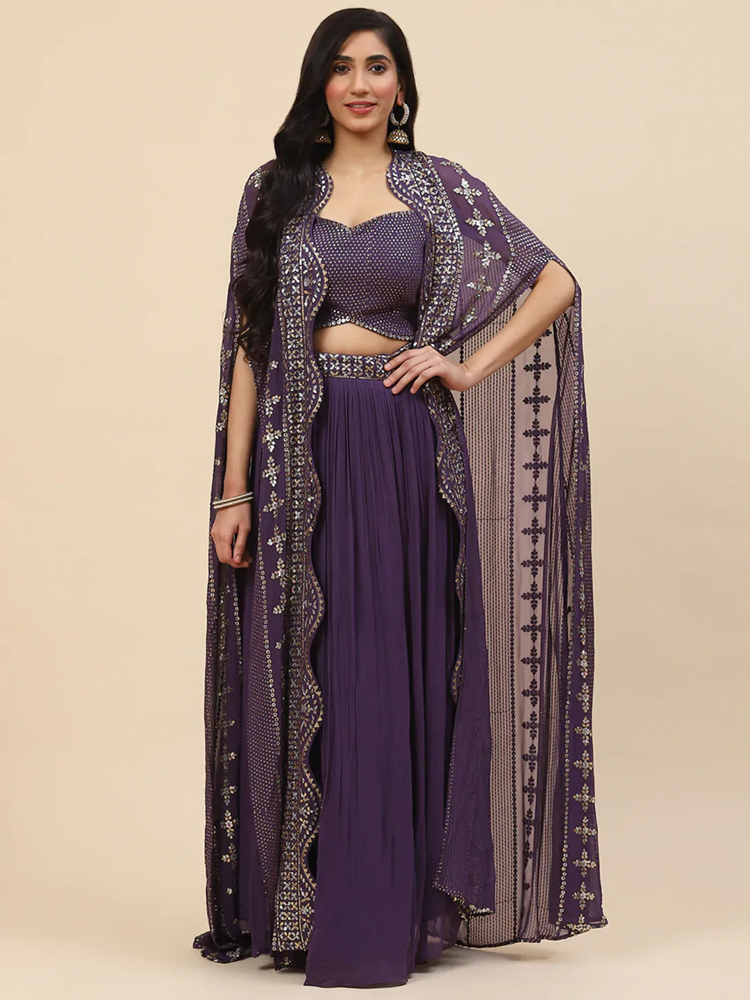 Sequin Embroidered Georgette Lehenga Choli With Dupatta &amp; Jacket