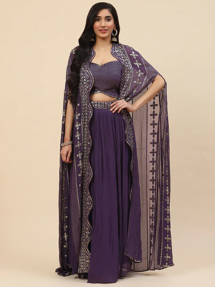 Sequin Embroidered Georgette Lehenga Choli With Dupatta &amp; Jacket