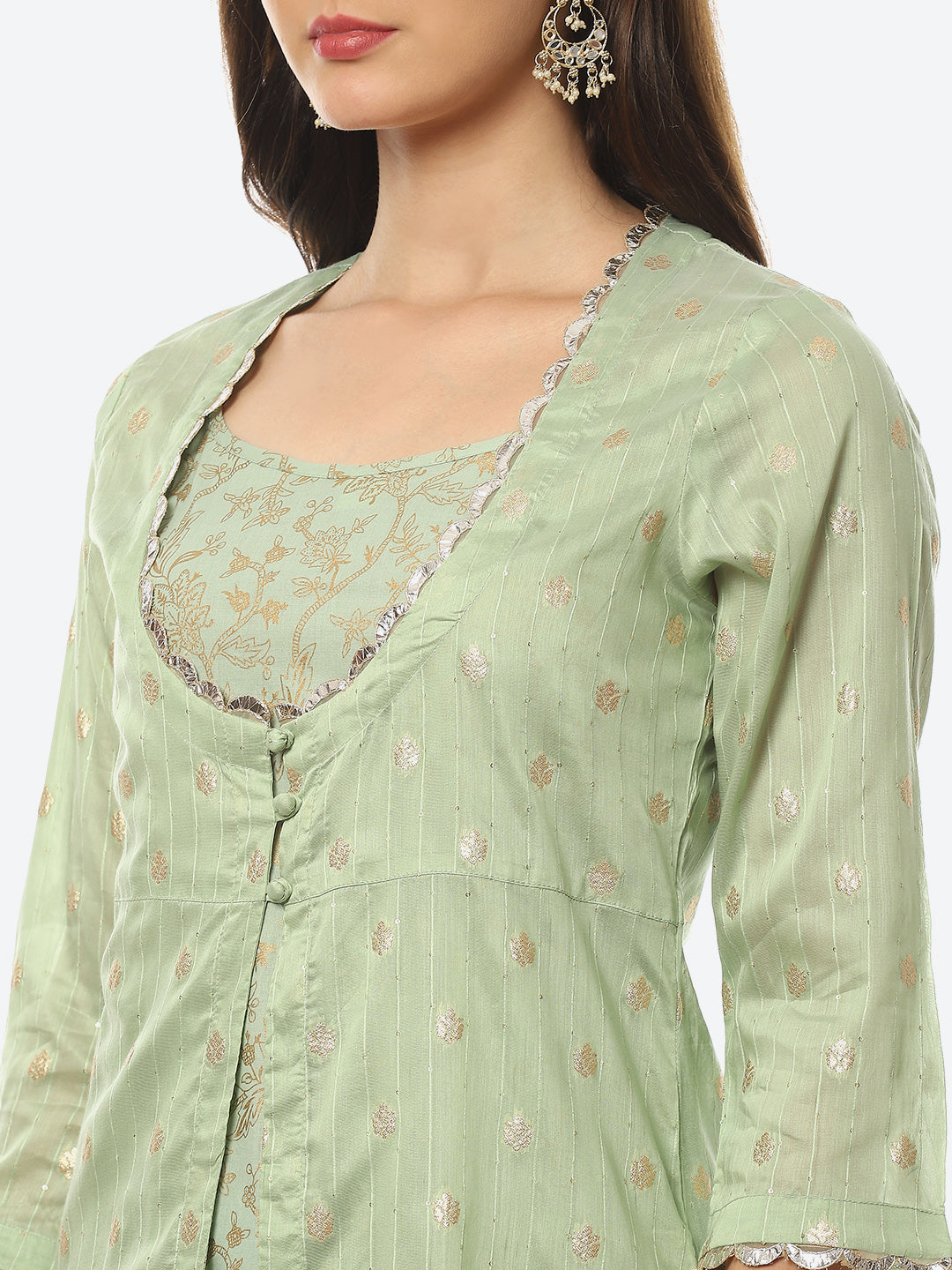 Printed Chanderi Kurta With Skirt &amp; Jacket