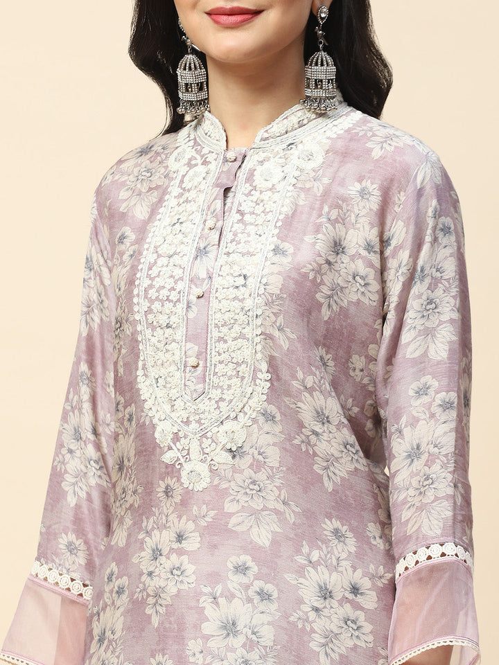 Printed With Resham Neck Embroidered Cotton Kurta