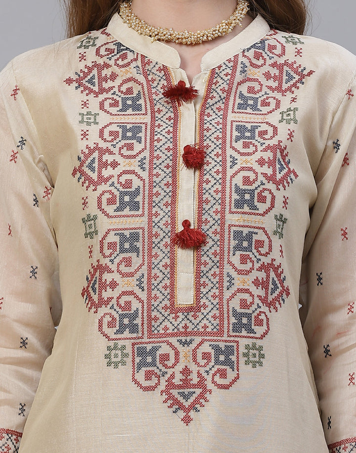 Embroidered Cotton Kurta With Pant &amp; Chanderi Dupatta