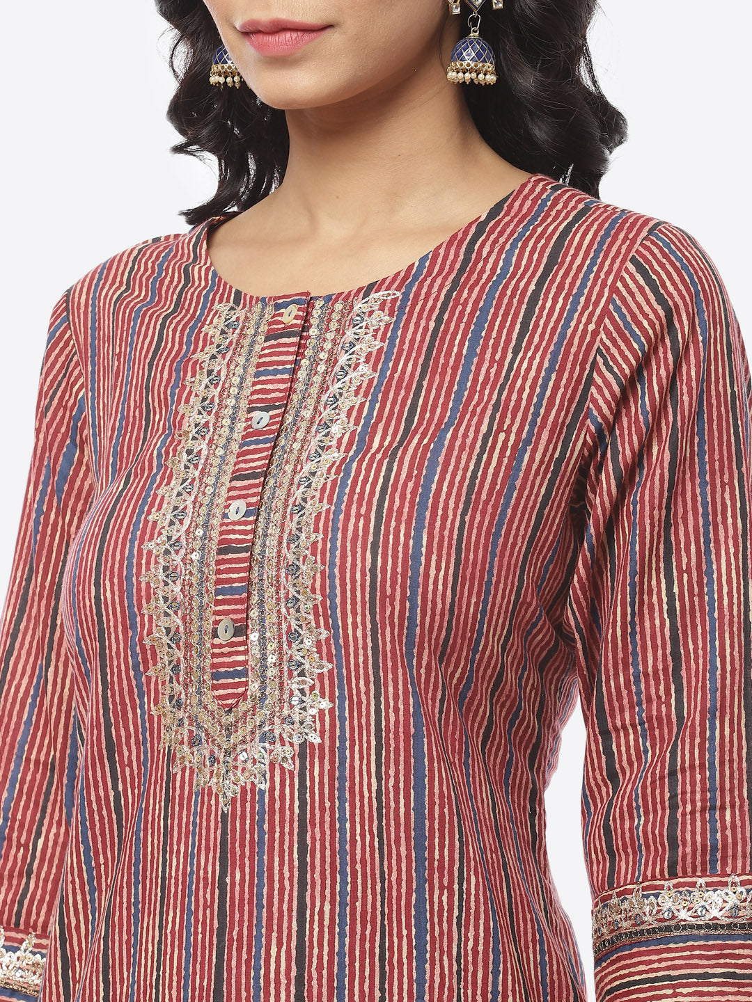 Printed Zari Neck Cotton Kurti With Afghani Pant