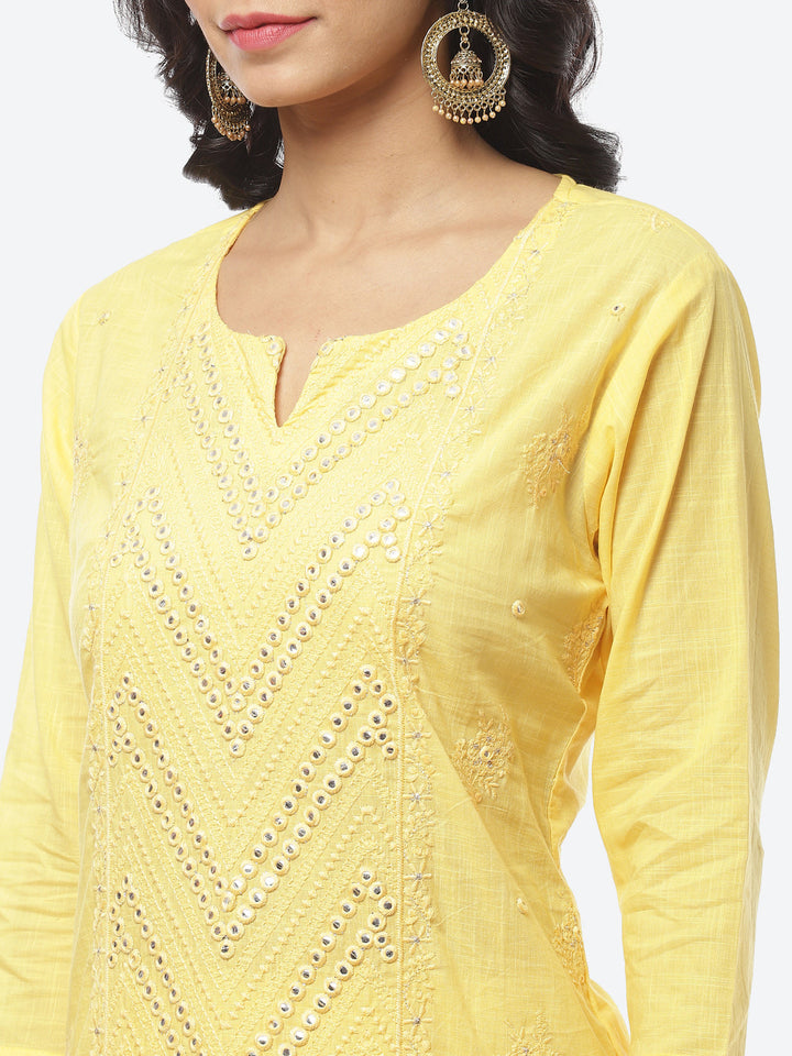 Resham Mirror Cotton Stitched Salwar Kameez With Printed Cotton Dupatta