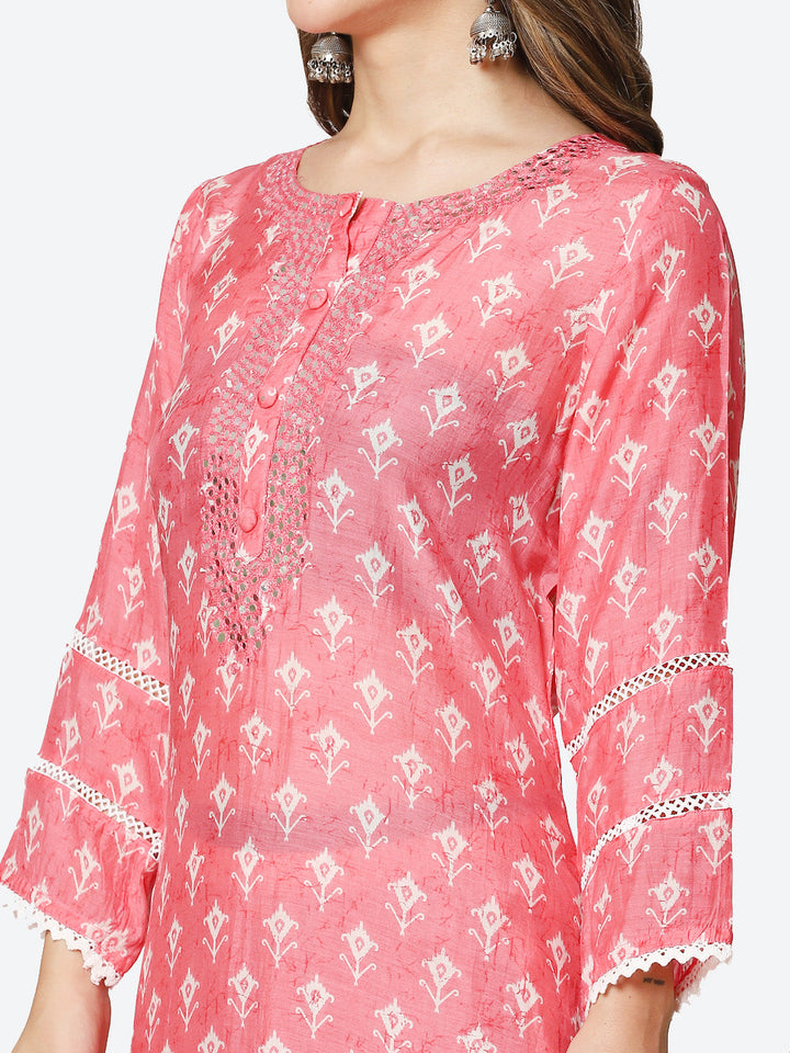 Printed Neck Embroidered Muslin Kurta With Pant