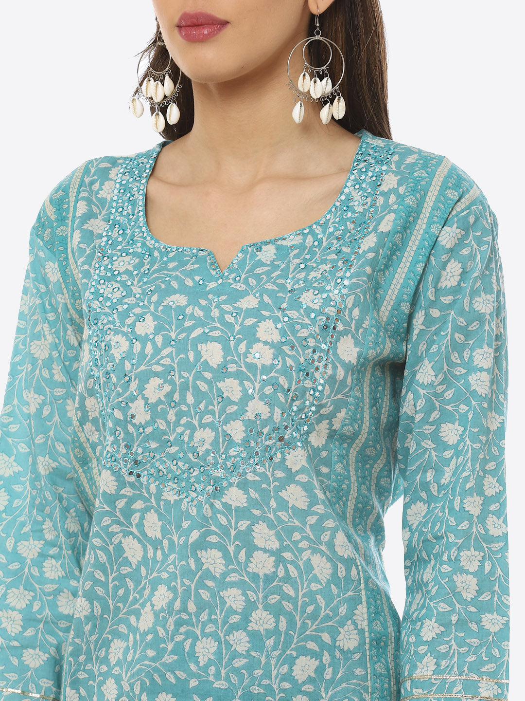 Mirror Work Printed Cotton Kurta With Pant