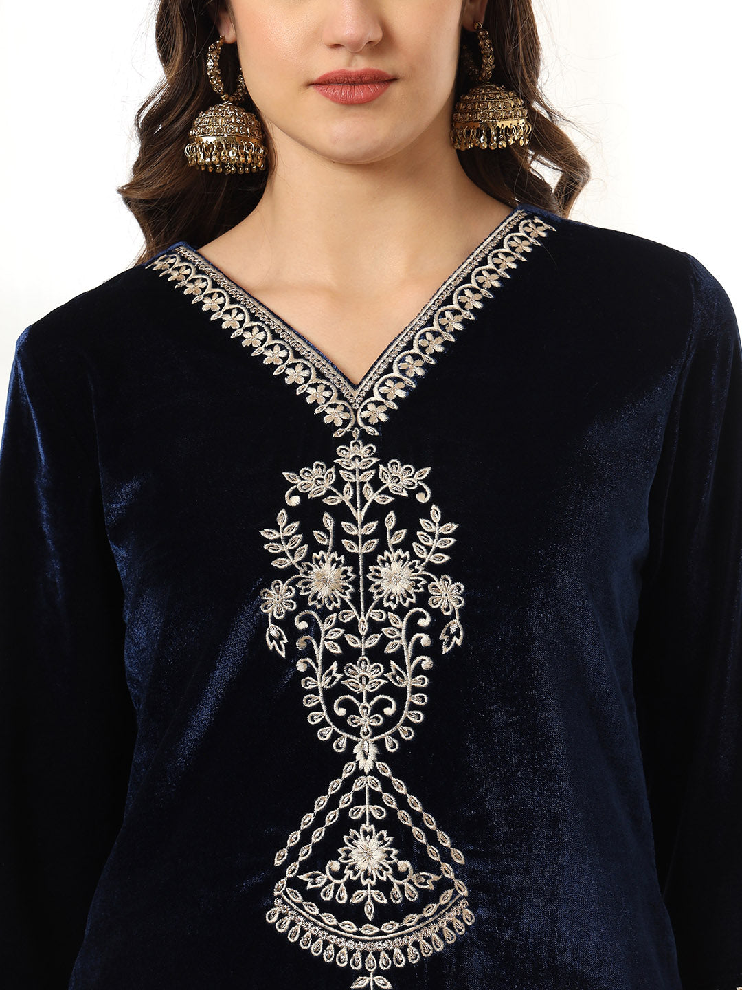 Navy Blue Embroidered Velvet Straight Suit Set With Dupatta