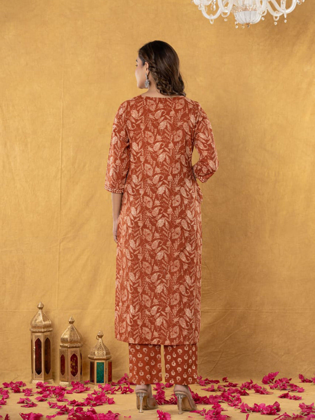 Orange Embroidered Cotton Blend Straight Suit Set With Dupatta
