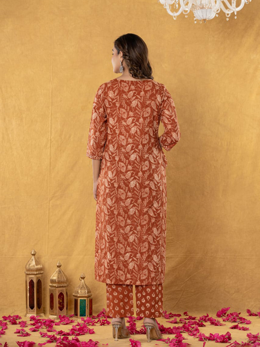 Orange Embroidered Cotton Blend Straight Suit Set With Dupatta