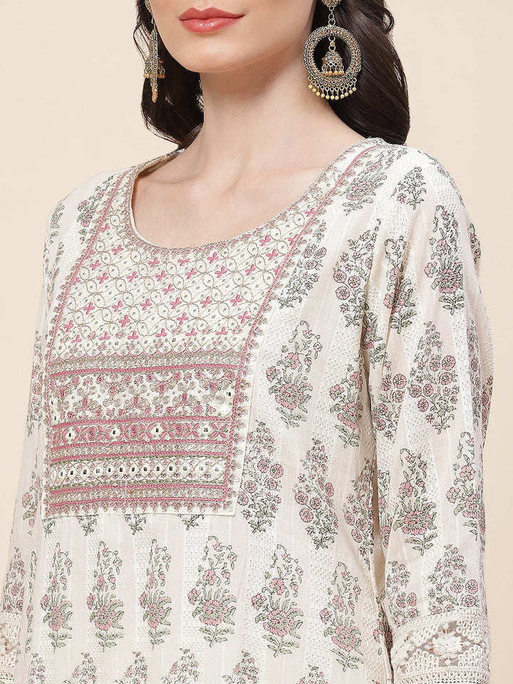 Floral Printed Cotton Kurta With Pants &amp; Dupatta