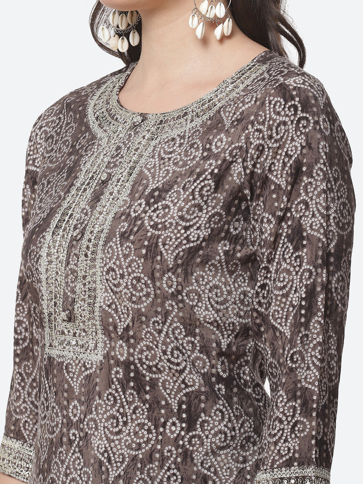 Bandhani Printed Zari Neck Cotton Kurti With Pant