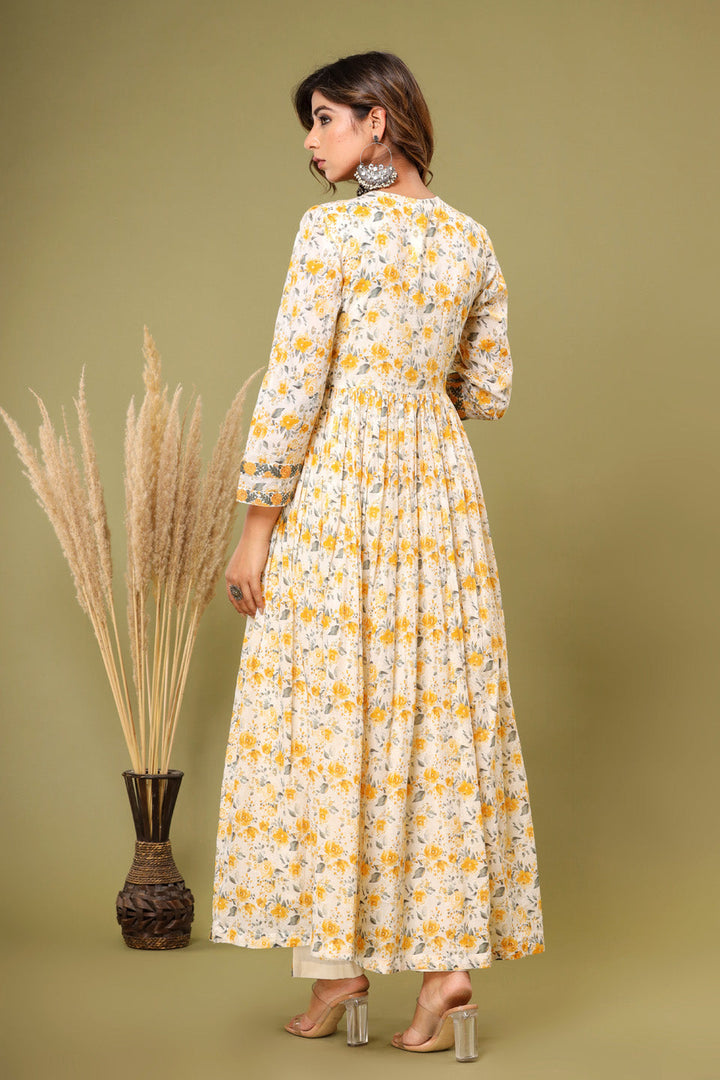 Floral Printed Cotton Kurta With Pants &amp; Dupatta
