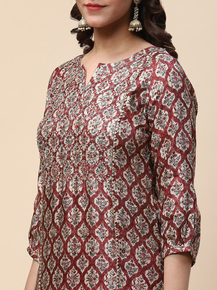 Zari Neck Embroidered &amp; Printed Satin Kurta