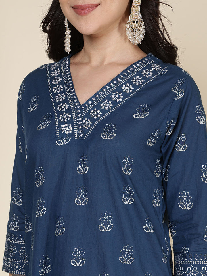 Printed Cotton Blend Kurta With Pants &amp; Dupatta