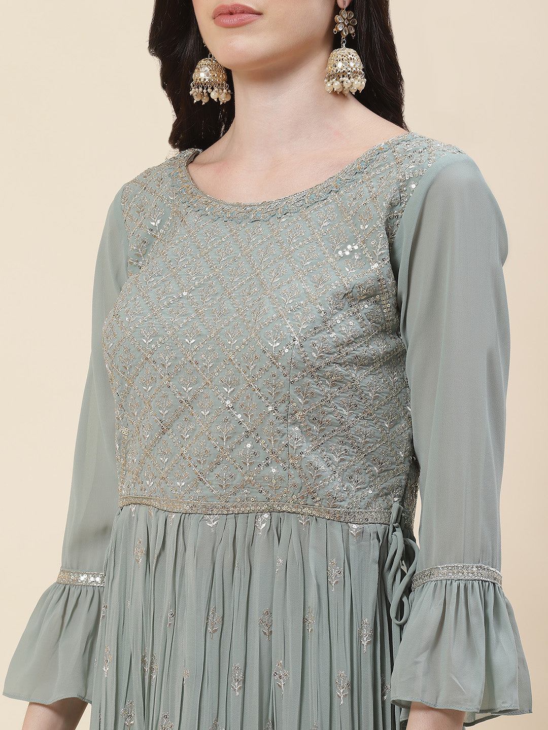 Zari Embroidered Booti Georgette Kurta With Palazzo &amp; Dupatta