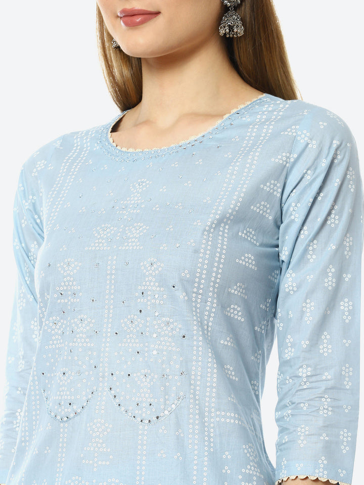 Bandhani Mirror Work Cotton Kurta With Pant &amp; Cotton Dupatta