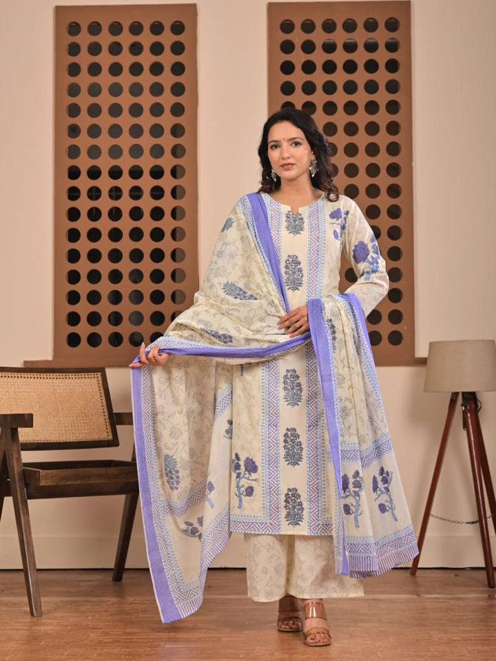 Blue Printed Cotton Blend Straight Suit Set With Dupatta