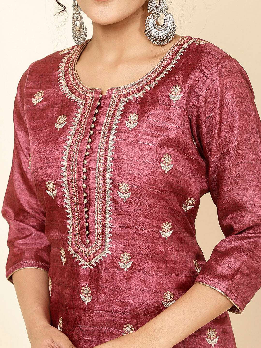 Embroidered Tussar Kurta With Pants &amp; Dupatta
