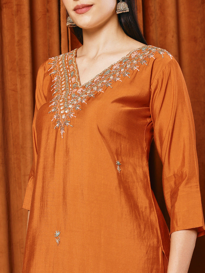 Embroidered Cotton Blend Kurta With Pants &amp; Dupatta